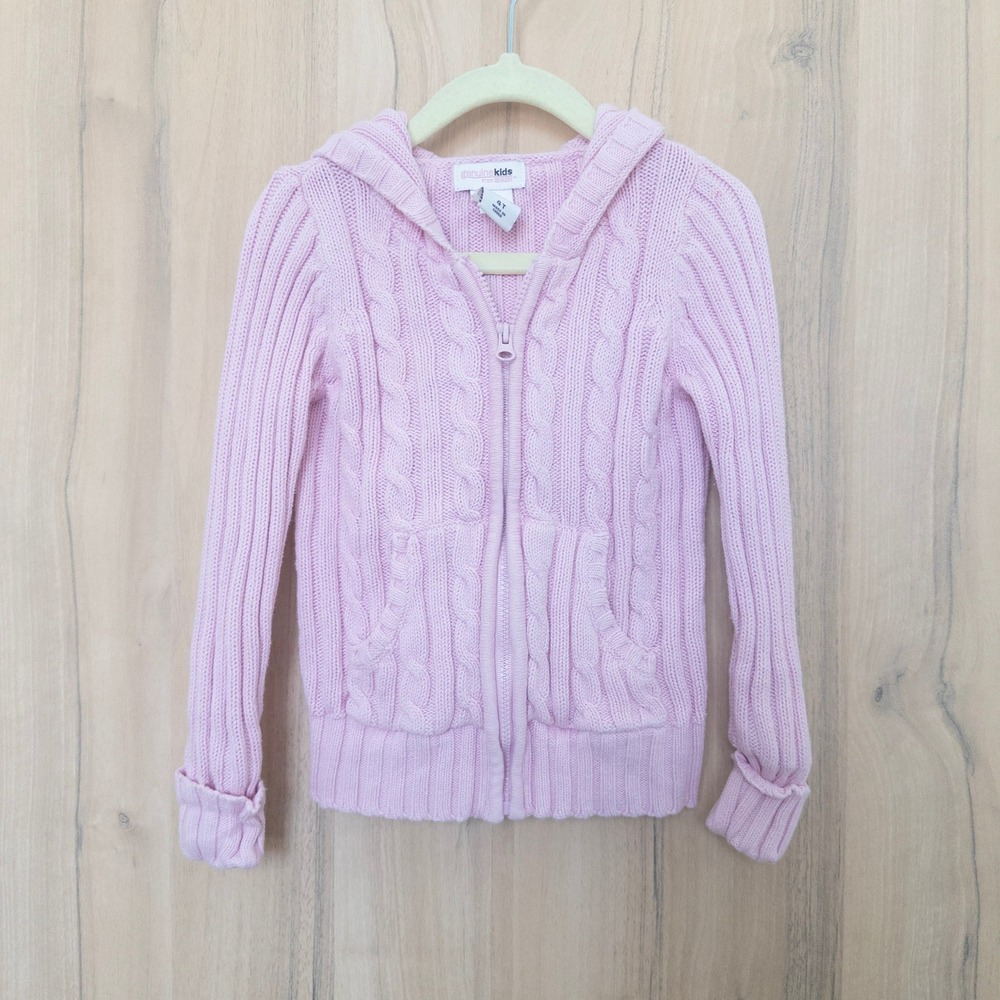 Vintage Osh Kosh Girls Sweater 4T Pink Cable Knit Hooded Zip‎ Up Cardigan Preppy